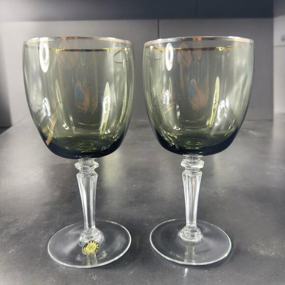 Sasaki Glass Platinum Rim Smokey Green Black Goblet Glasses Cups 7inch Set 2 VTG - Picture 1 of 11